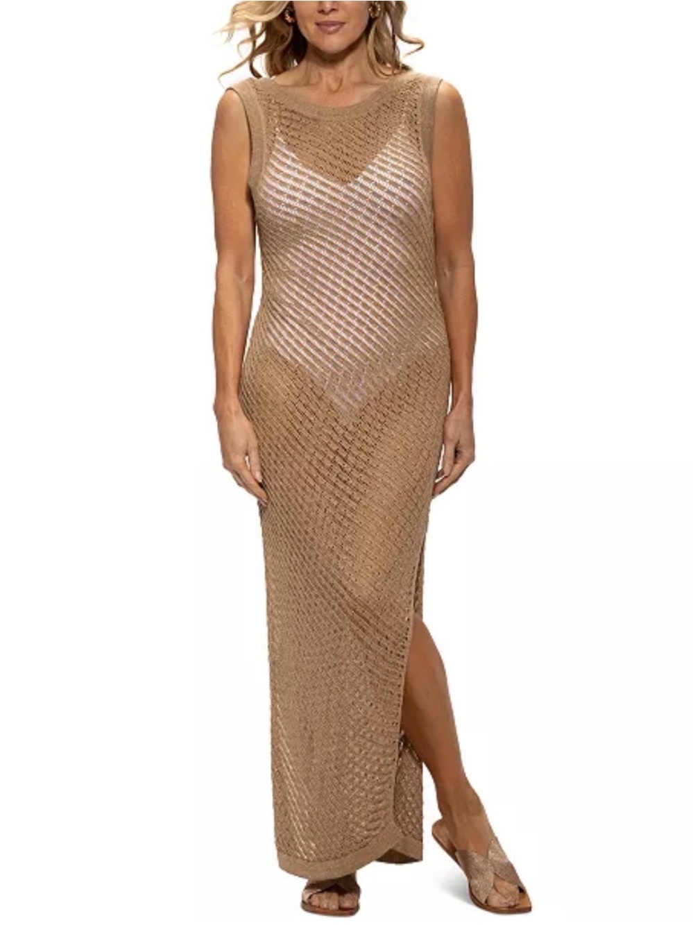 NWT Dotti Open-Knit Sleeveless Maxi Dress in Camel | Size S